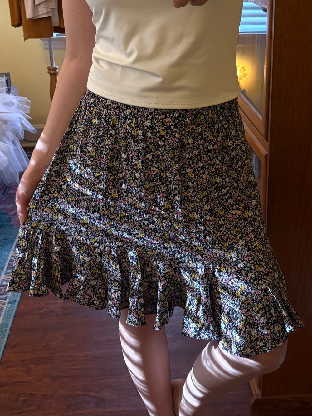 Floral ruffle hem knee length navy feminine spring summer skirt